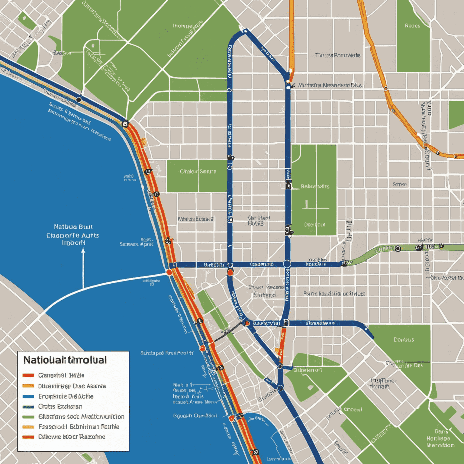 Map showing the new express bus route from downtown to the airport, highlighting key stops and estimated travel times