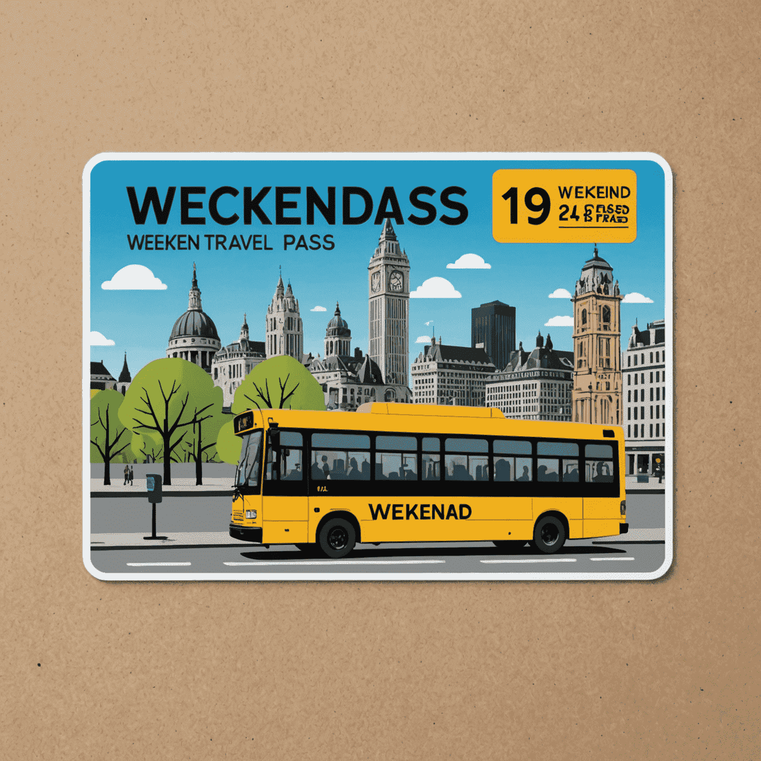 A bus pass card with 'Weekend Travel Pass' written on it, featuring iconic city landmarks in the background