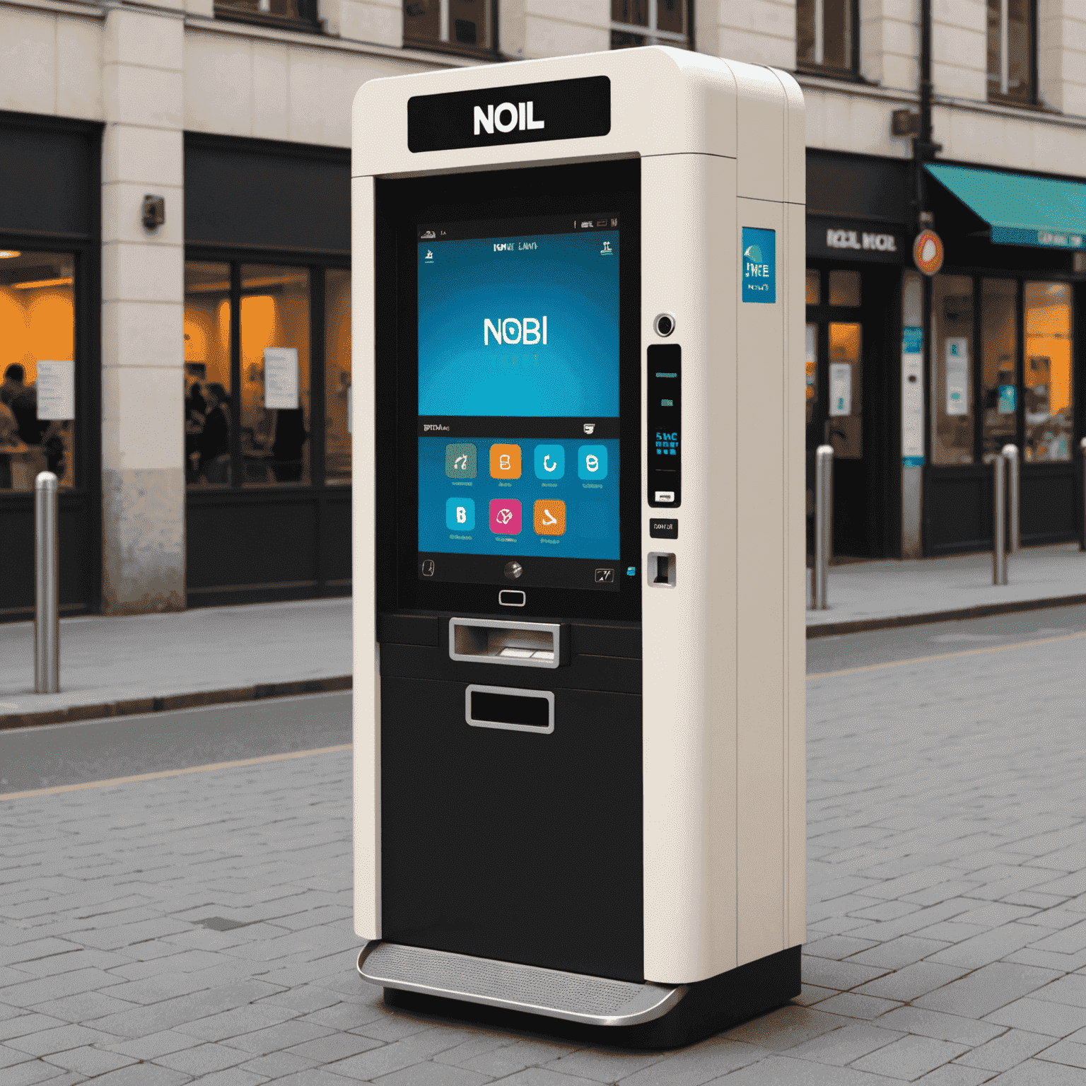 A modern ticket vending machine with a touch screen interface and card reader for NOL card top-ups