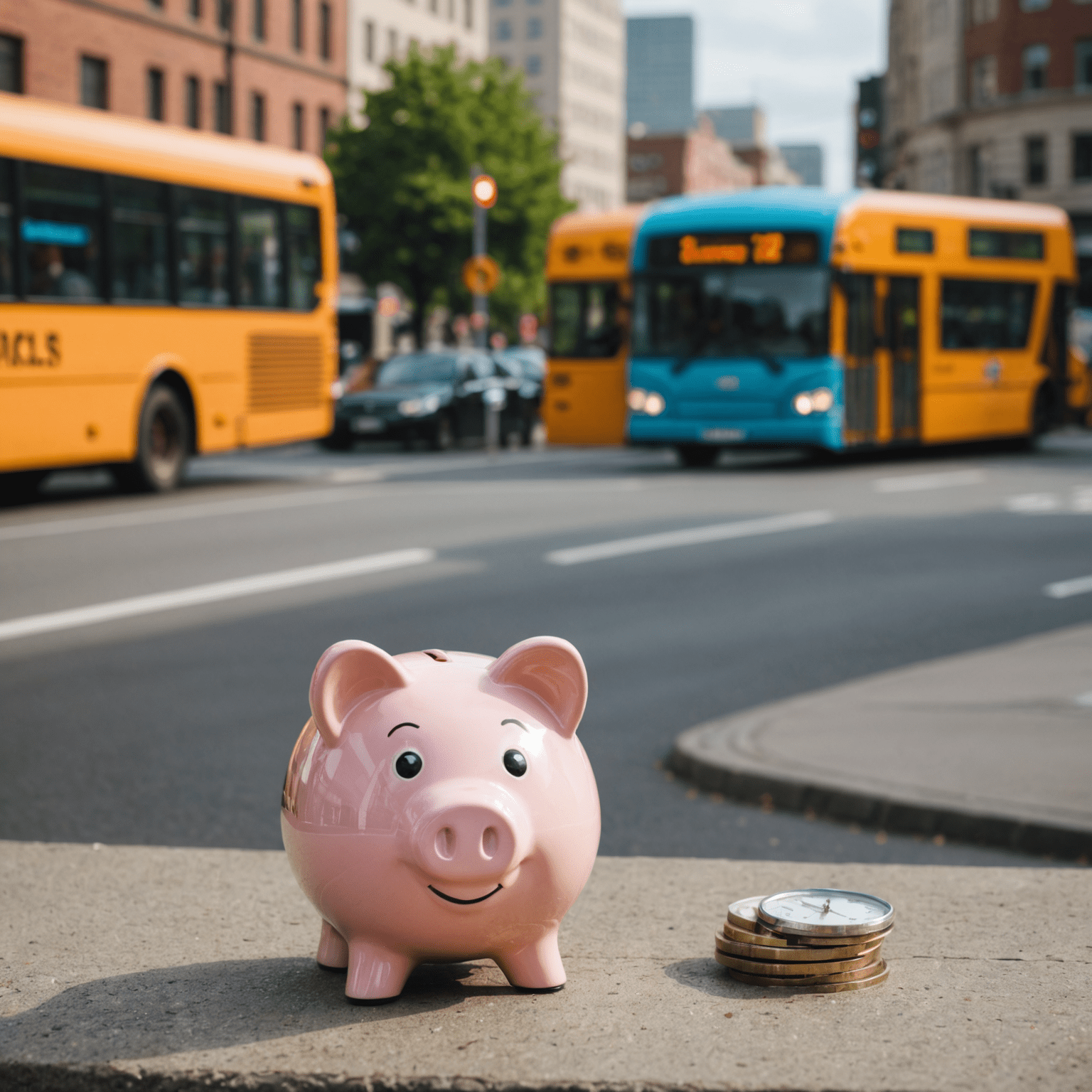 A clock showing off-peak hours with a bus in the background and a piggy bank in the foreground