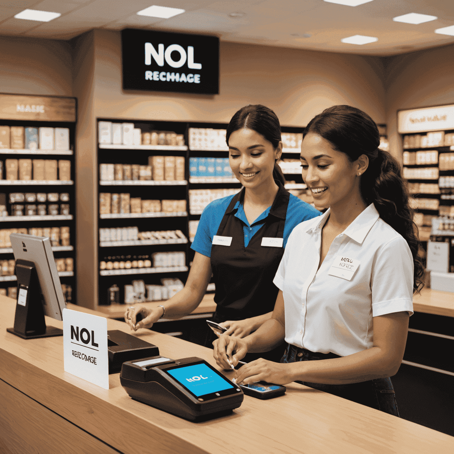 A retail store counter with a NOL card recharge sign and a staff member assisting a customer